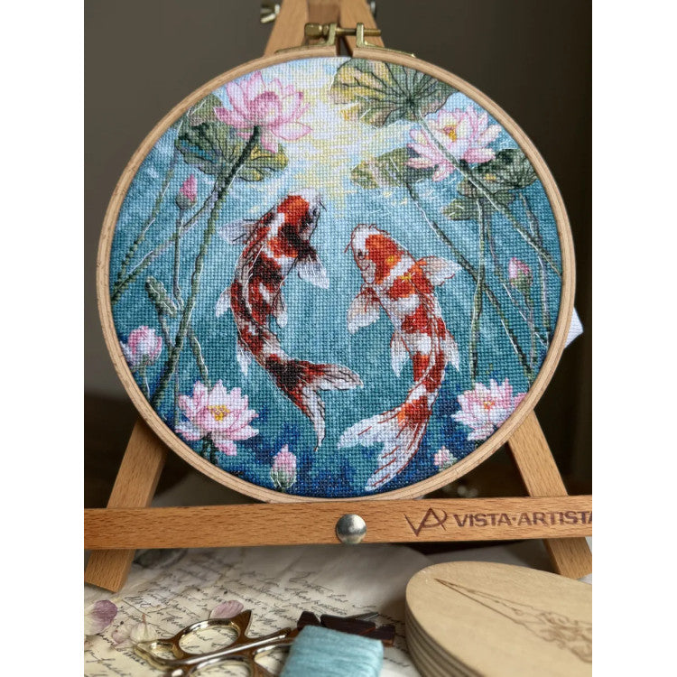 Kit de punto de cruz Andriana SANK-73 Carps and Lotuses – Carpas y Lotos 21,5x21,5 cm