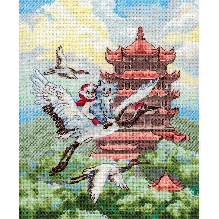 Kit de punto de cruz MP Studia Air Travel SNV-1016 con gato montado sobre una grulla blanca volando frente a una pagoda oriental.