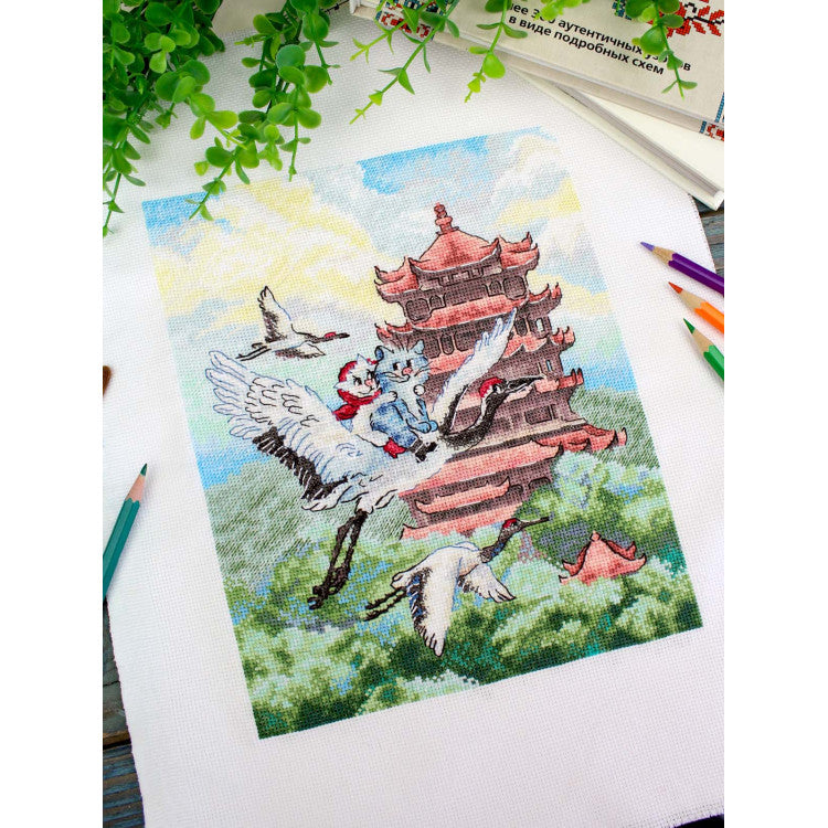 Cross Stitch Kit MP Studia Air Travel SNV-1016 cat traveling on a crane