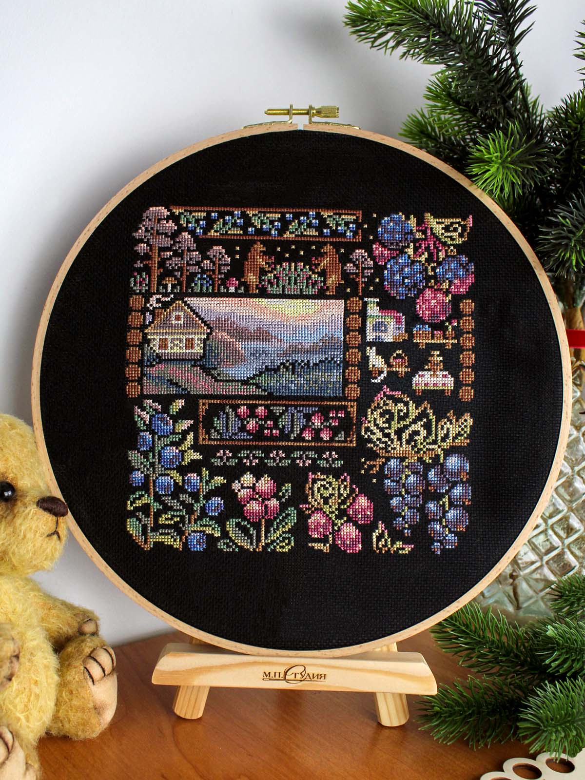 Kit de punto de cruz MP Studia SNV-1036 Sampler Dawn in the Village – Amanecer en el Pueblo 19x19 cm