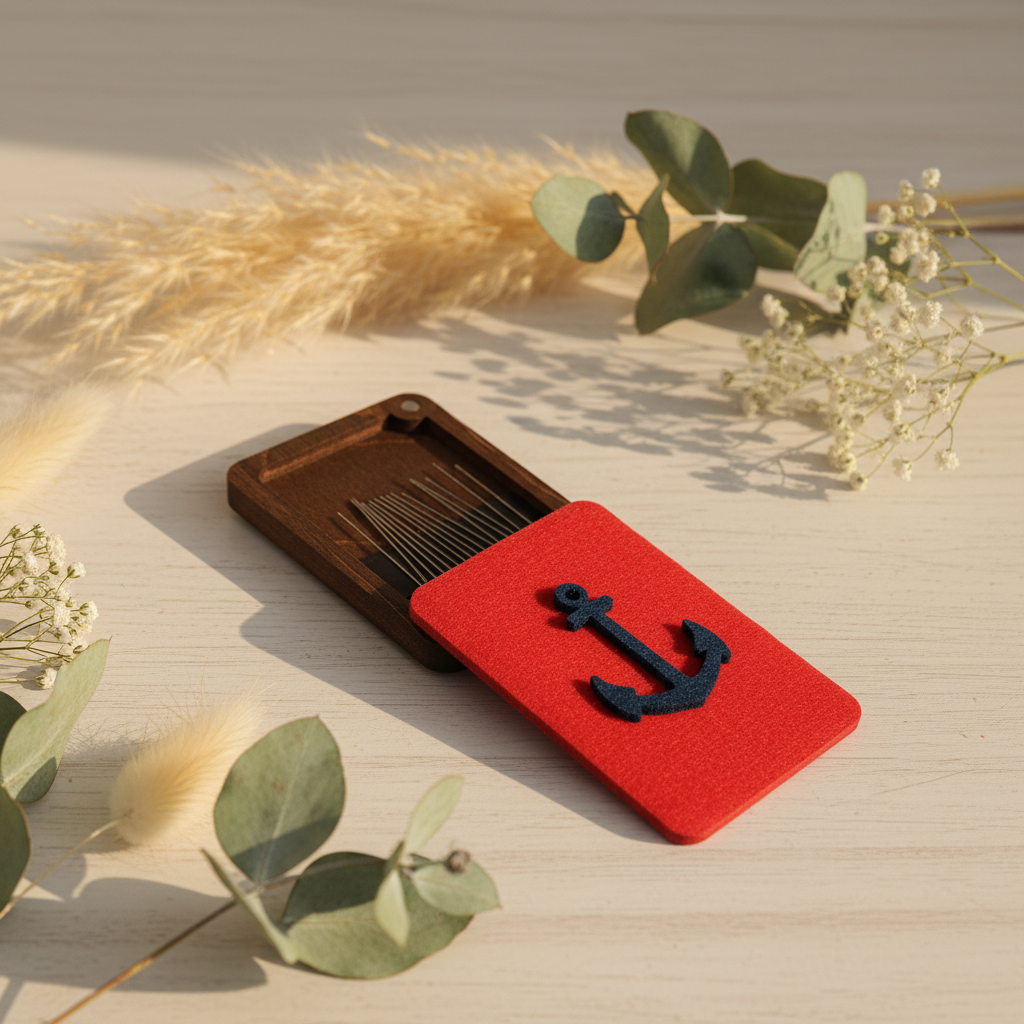 Wooden needle case. Anchor. KF056/39 Wizardi