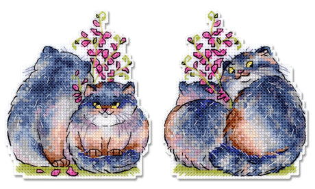 Bordado en punto de cruz de dos gatos juntos con flores sobre lienzo plástico blanco con diseño tierno y romántico
