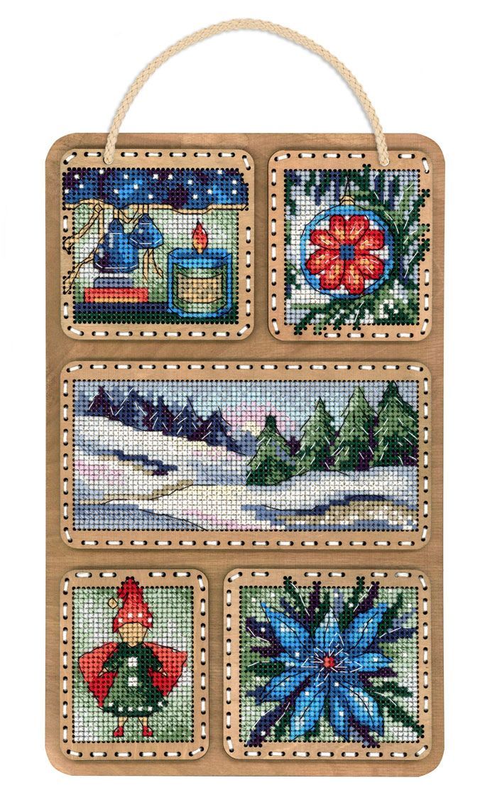 Kit de punto de cruz sobre base de madera Winter Collage MP Studia con escenas invernales bordadas y diseño decorativo listo para colgar