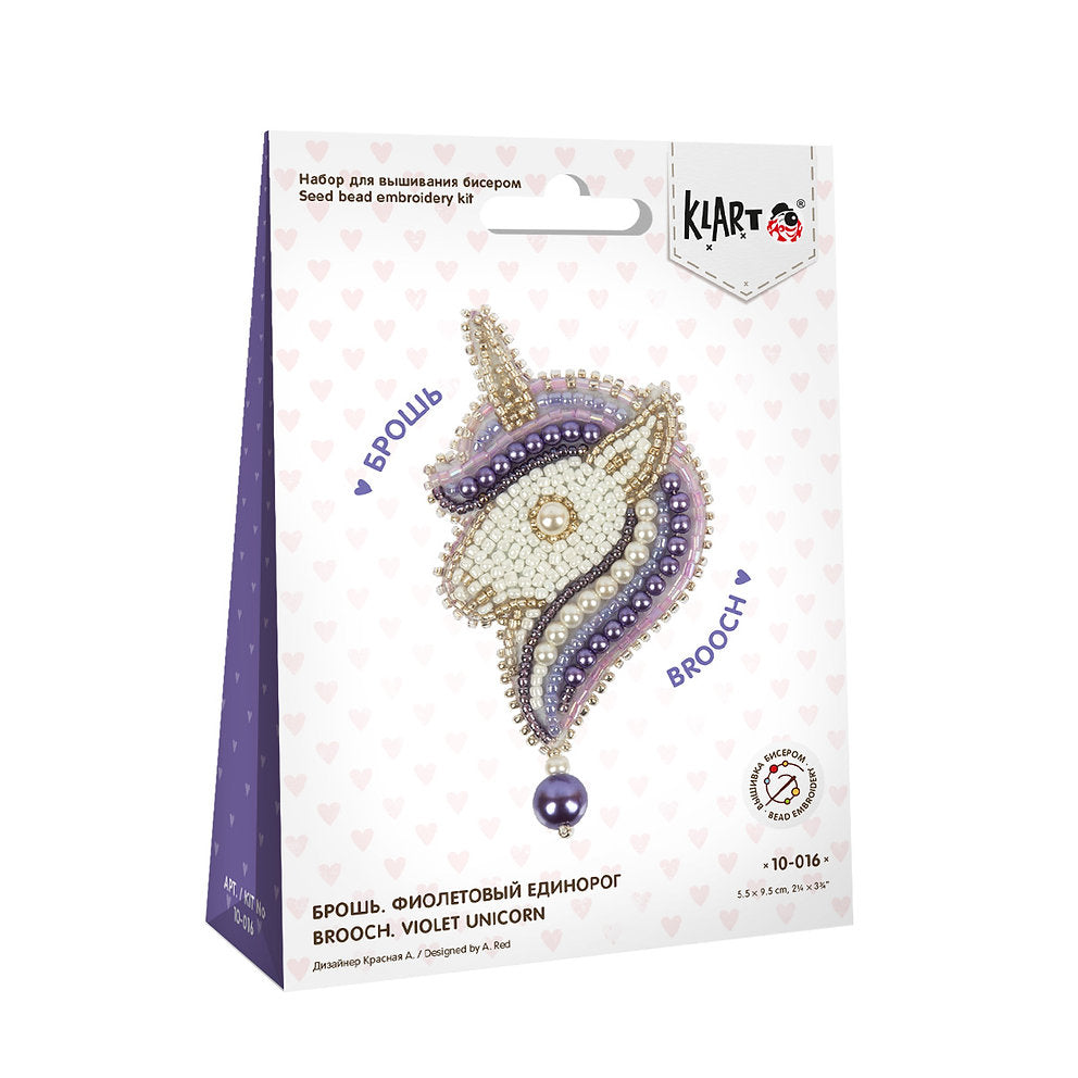 10-016 Ansteckbutton. Violettes Einhorn - Klart - Set mit Perlen