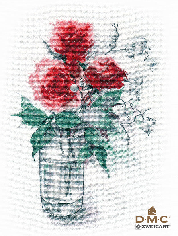 Kit de punto de cruz Oven '1353 – Rosas y Bayas de Nieve | 1353 | | Aida Zweigart + Hilos DMC 20x28 cm
