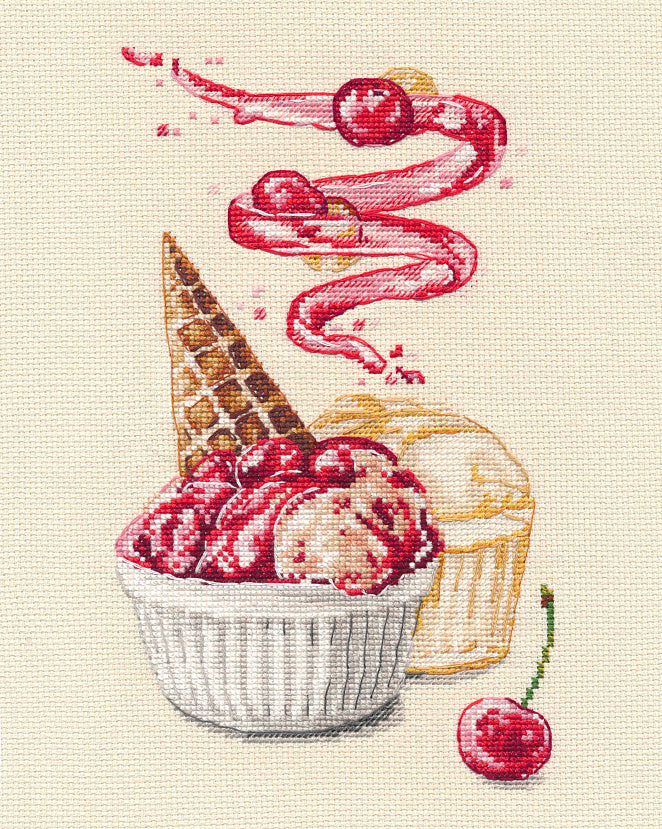 Kit de punto de cruz Oven '1446 – Postre: Helado con Cerezas | 1446 | | Aida Zweigart 16 ct + Hilos Mouliné 13x22 cm