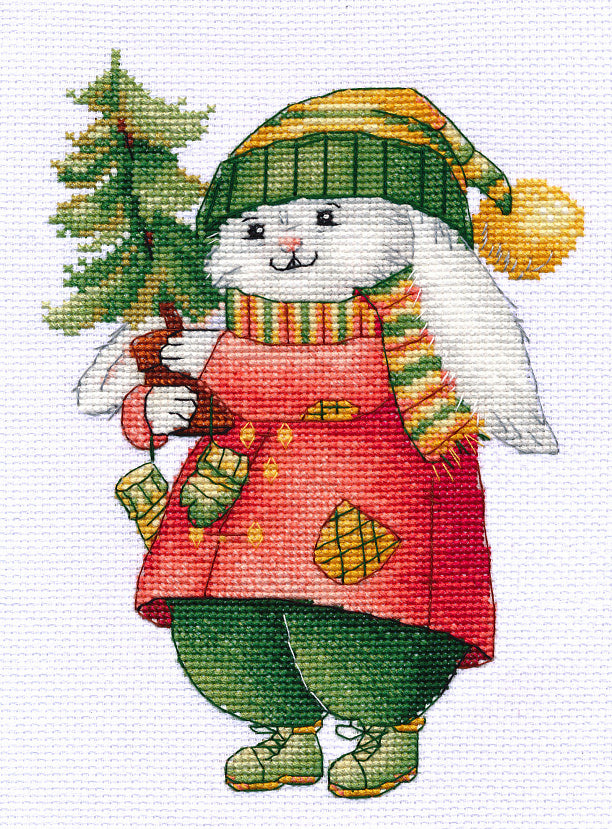 Kit de punto de cruz Oven S1511 – Conejito con árbol de Navidad / - Kit de punto de cruz 12x17 cm