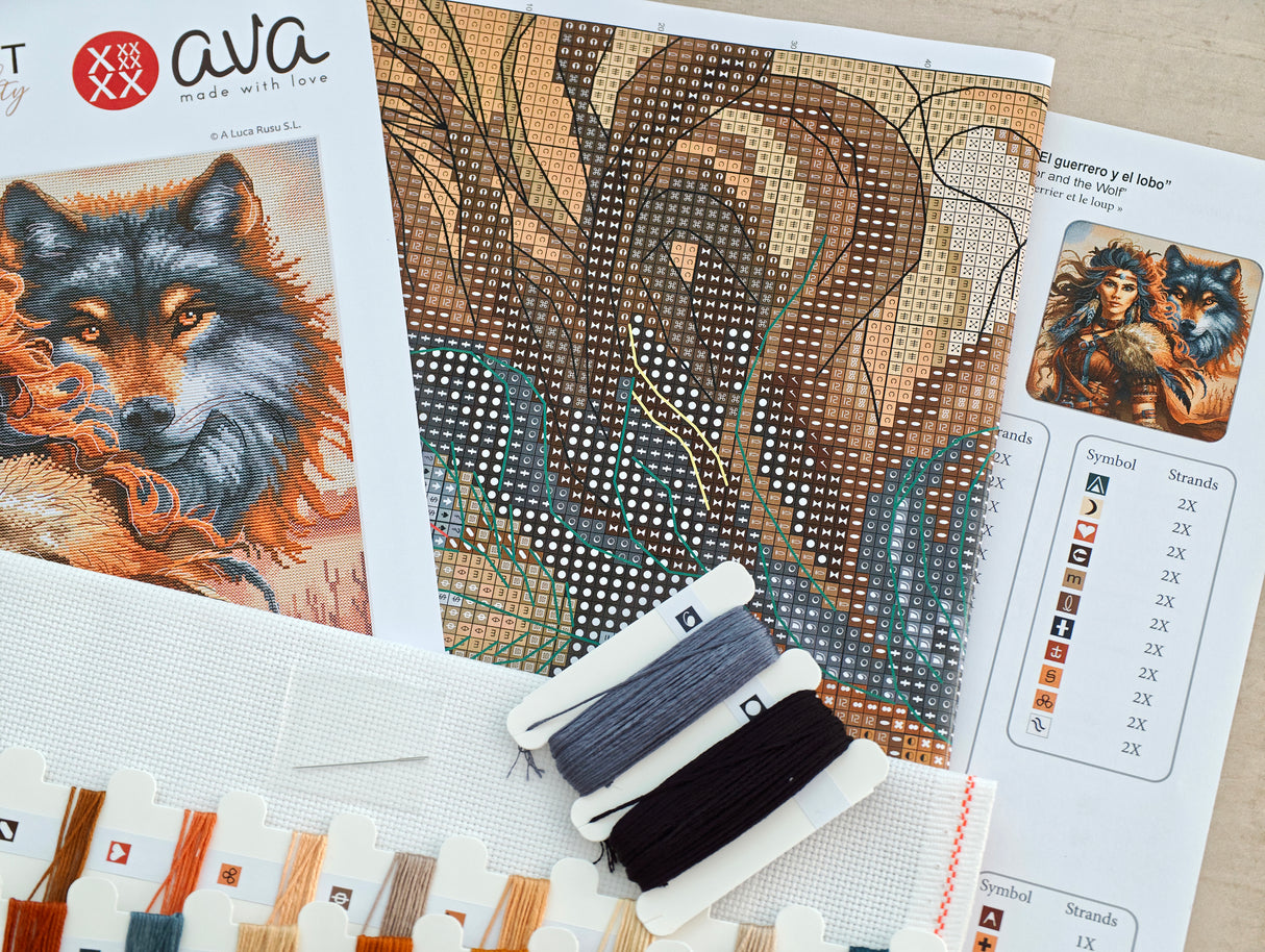 AVA P076 – Le Guerrier et le Loup | Kit de point de croix fantaisie