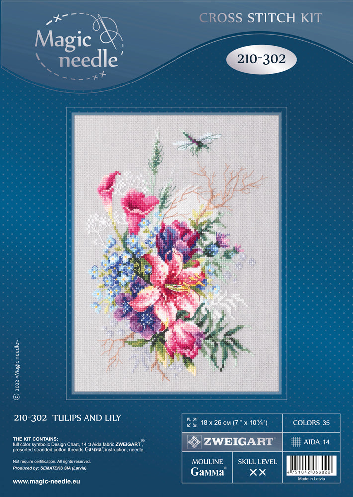 Tulipanes y Lirio. Kit de Punto de Cruz Magic Needle 210-302