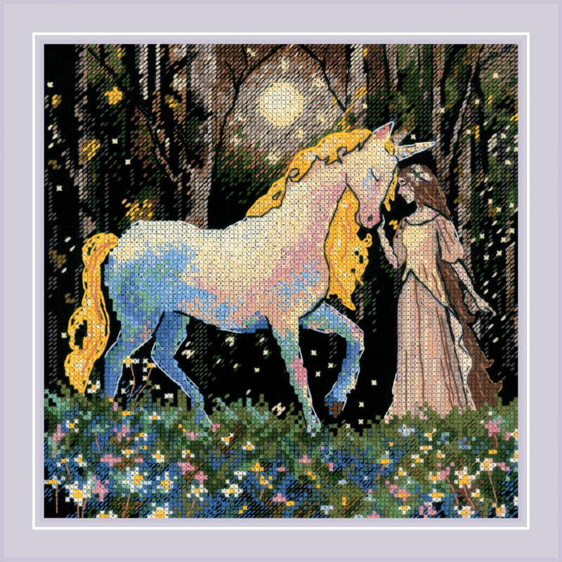 kit de punto de cruz riolis 2307 unicorn tale escena de fantasía con unicornio y figura femenina en el bosque