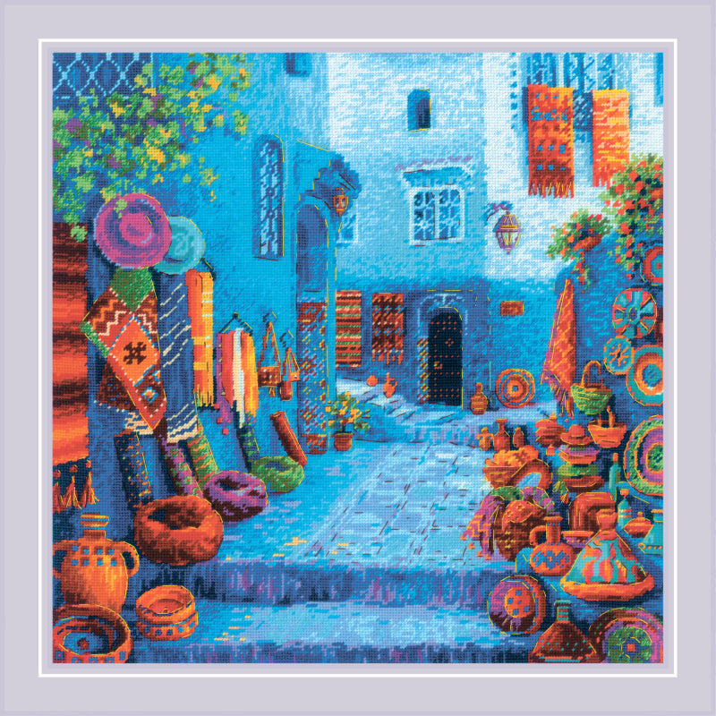 kit de punto de cruz riolis 2308 colores de marruecos calle marroquí colorida con casas y cerámica