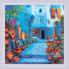 kit de punto de cruz riolis 2308 colores de marruecos calle marroquí colorida con casas y cerámica