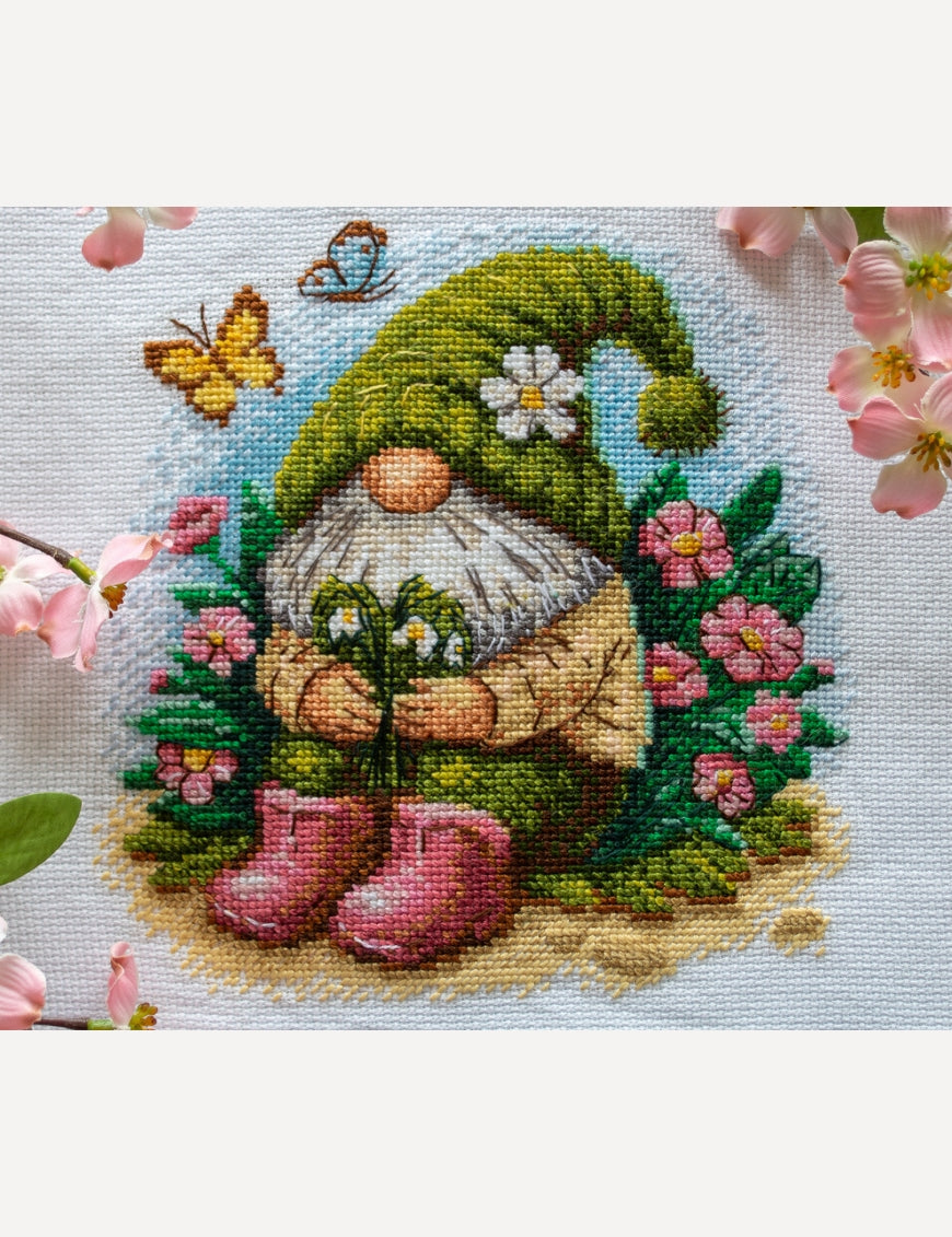 Kit de punto de cruz Aine A1042 – Blossom Gnome, gnomo de primavera, 20 × 20 cm