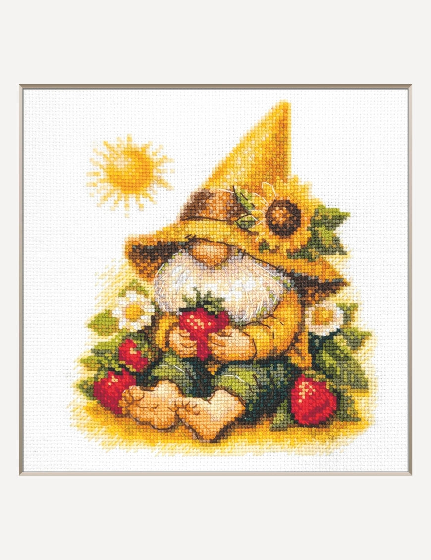 Kit de punto de cruz Aine A1043 – Sunshine Gnome, gnomo de verano, 20 × 20 cm