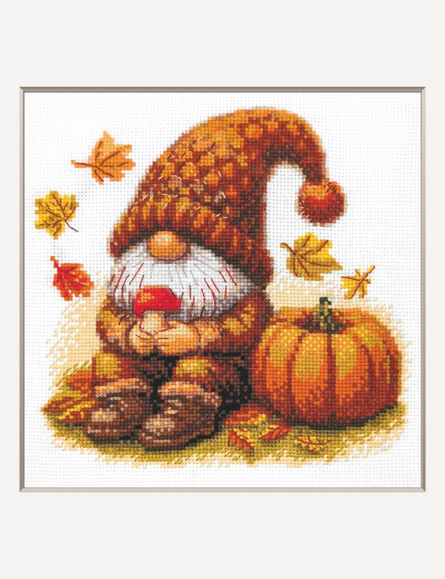 Kit de punto de cruz Aine A1044 – Harvest Gnome, gnomo de otoño, 20 × 20 cm