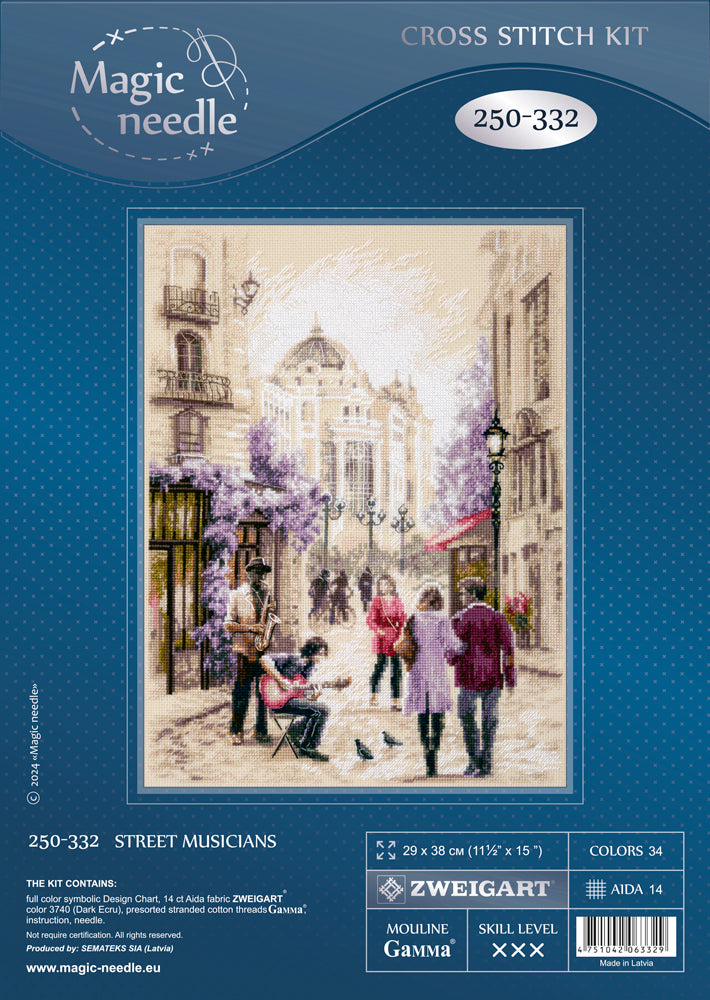 Portada del kit de punto de cruz Street Musicians 250-332 Magic Needle