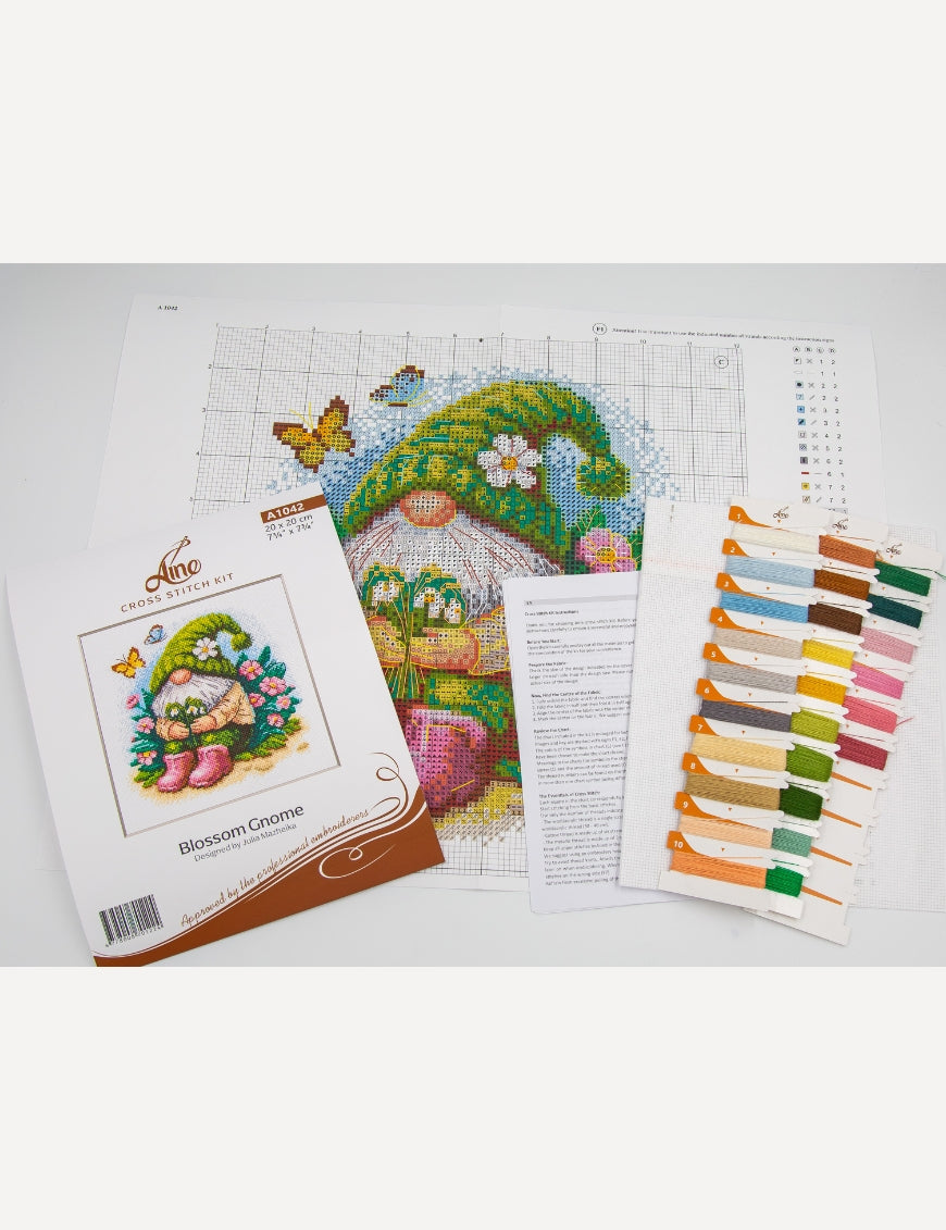 Kit de punto de cruz Aine A1042 – Blossom Gnome, gnomo de primavera, 20 × 20 cm