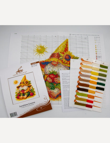 Kit de punto de cruz Aine A1043 – Sunshine Gnome, gnomo de verano, 20 × 20 cm