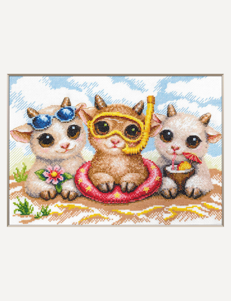 Kit de punto de cruz Aine A1049 – Summer Joy, animalitos de vacaciones, 30 × 21 cm