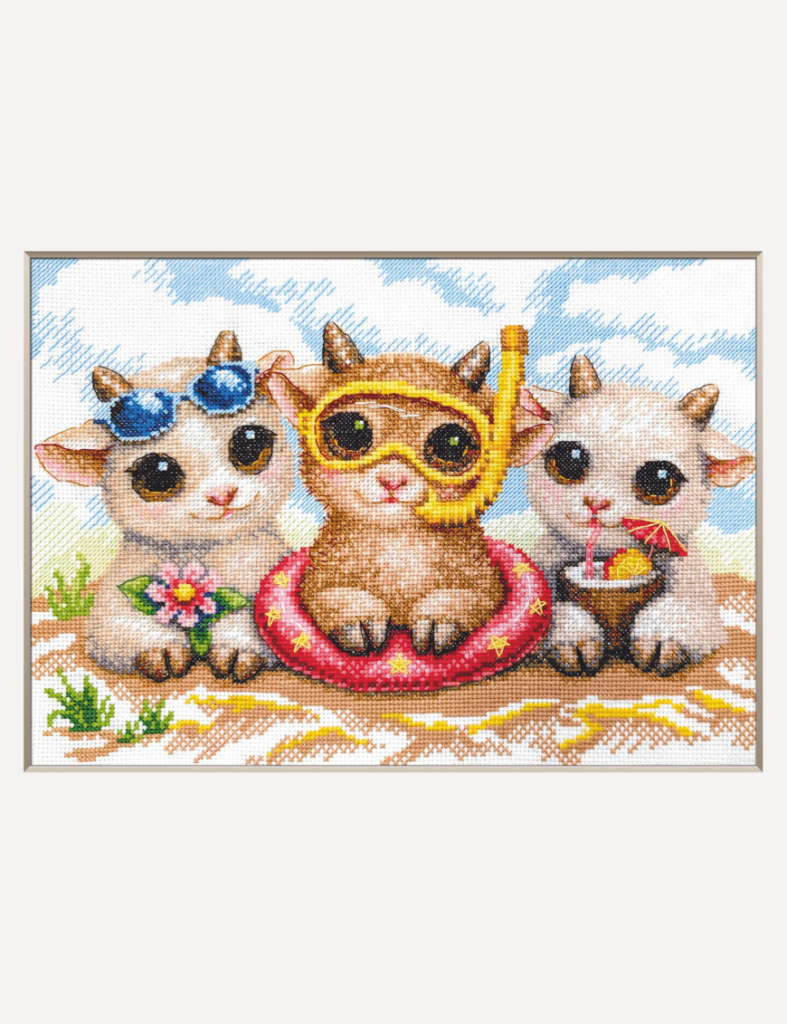 Kit de punto de cruz Aine A1049 – Summer Joy, animalitos de vacaciones, 30 × 21 cm