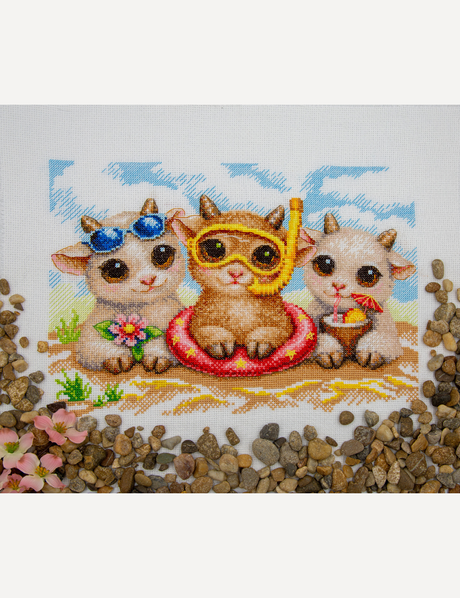 Kit de punto de cruz Aine A1049 – Summer Joy, animalitos de vacaciones, 30 × 21 cm