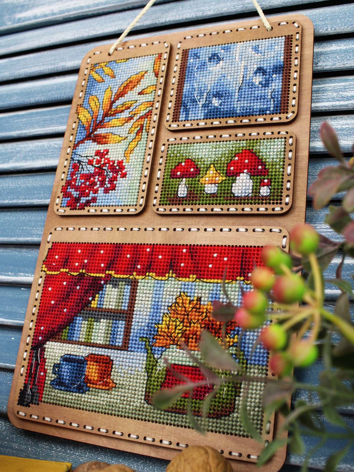 MP Studia “Autumn Collage” Wooden Base Cross Stitch Kit SO-126 – Autumn Decoration 26×17 cm