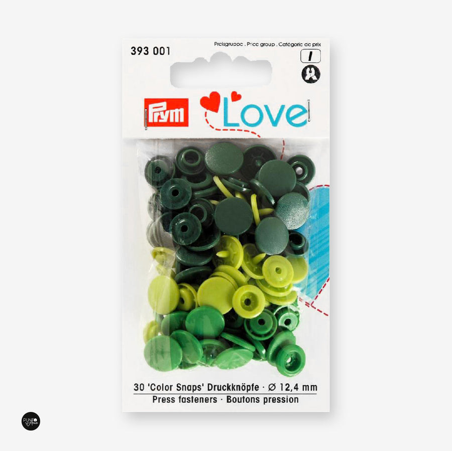Botones de Presión O Snaps. Verde 12.44 mm Love Prym 393001 - accesorio Prym para cierres y accesorios de prendas