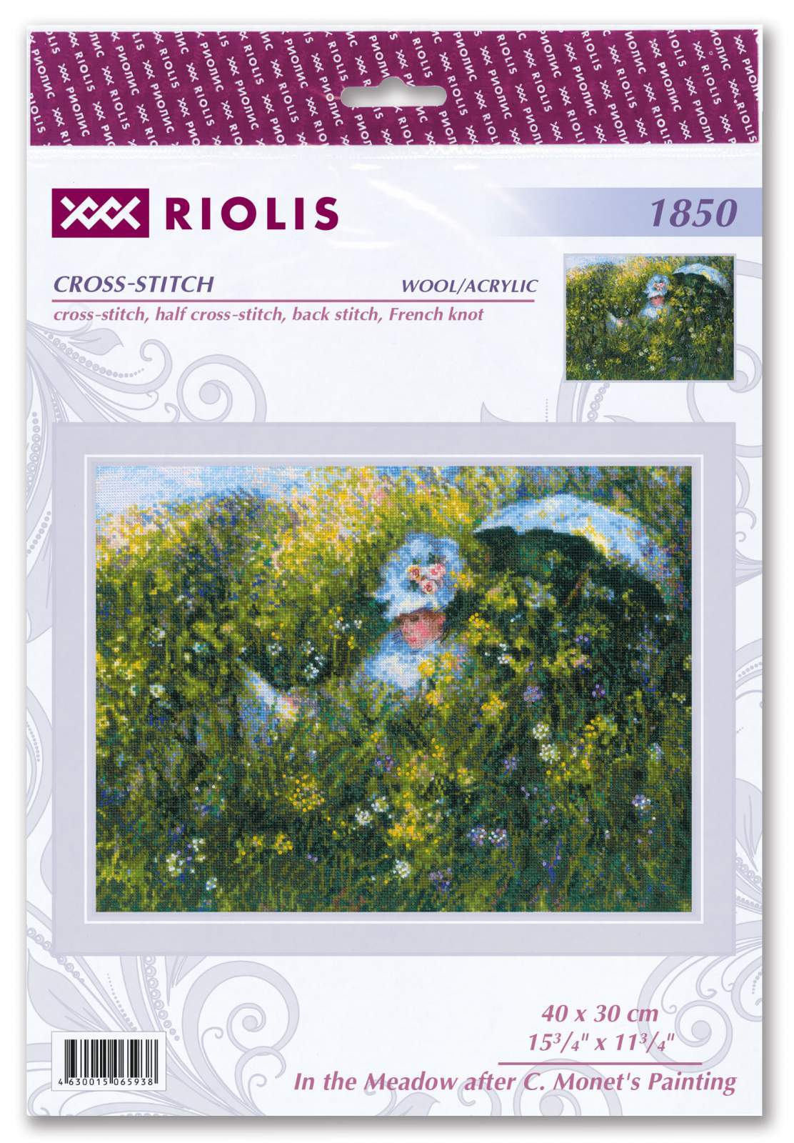 Cross Stitch Kit "In the Meadow" based on the Painting by C. Monet 1850