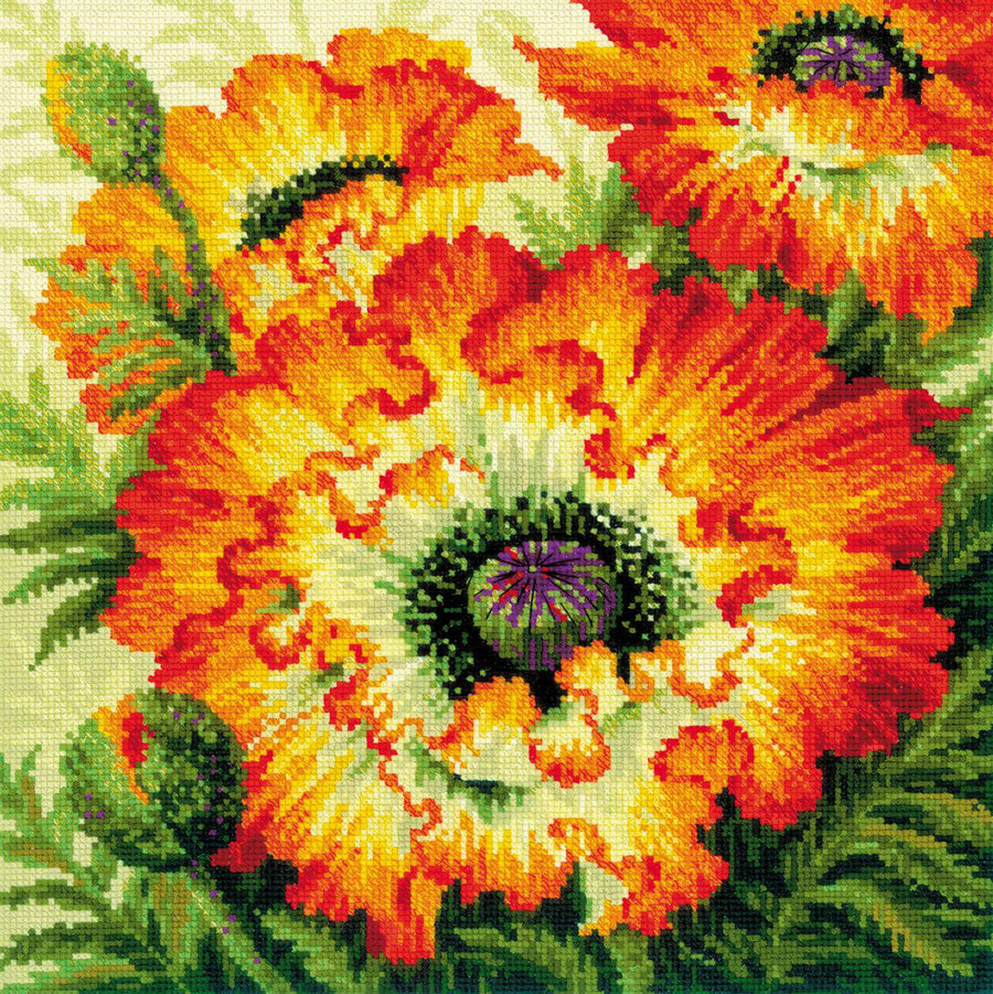 Kit de Bordado de Punto de Cruz - "Fire Poppies" - Riolis 2080 - Punto y Arte
