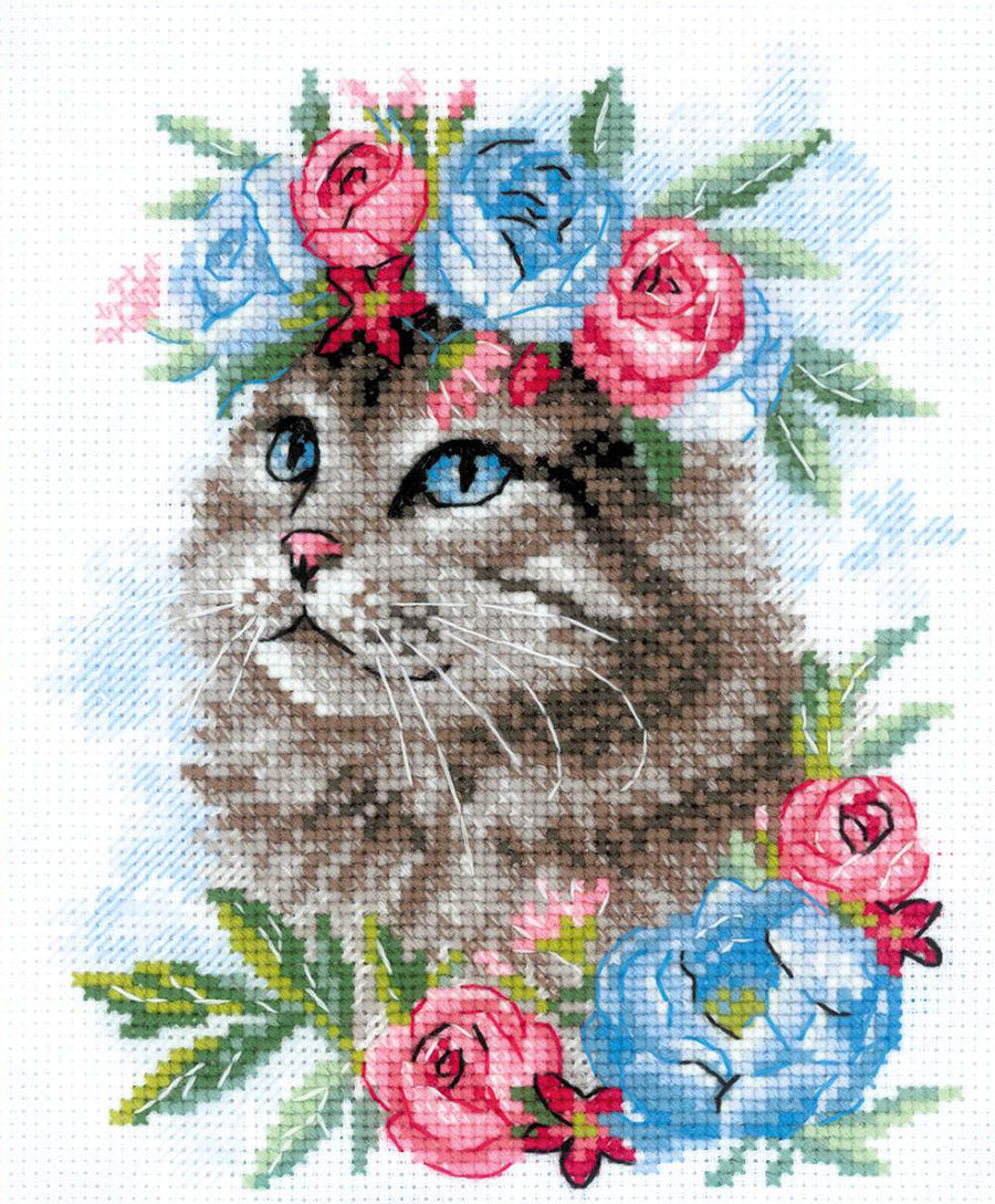 Kit de Bordado de Punto de Cruz - "Cat in Flowers" - Riolis 2088 - Punto y Arte