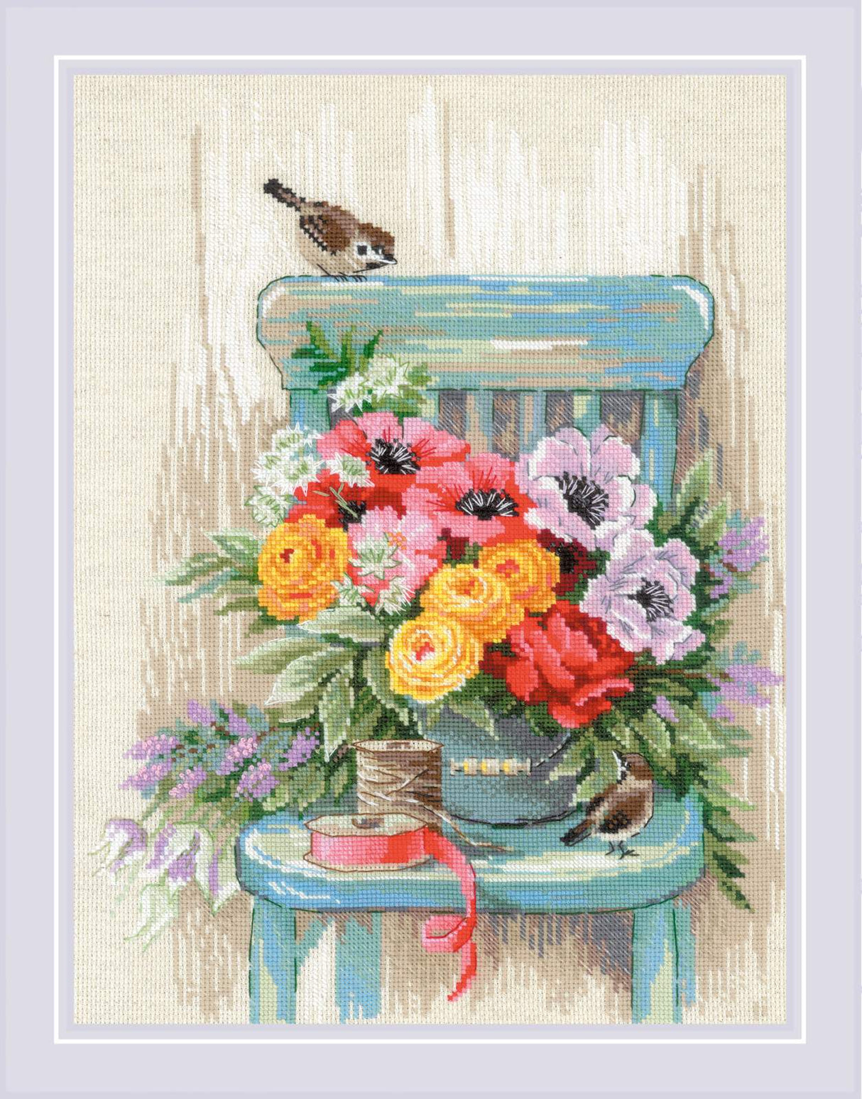 Kit de Punto de Cruz – Garden Flowers 2299 | Ramo de flores sobre silla vintage