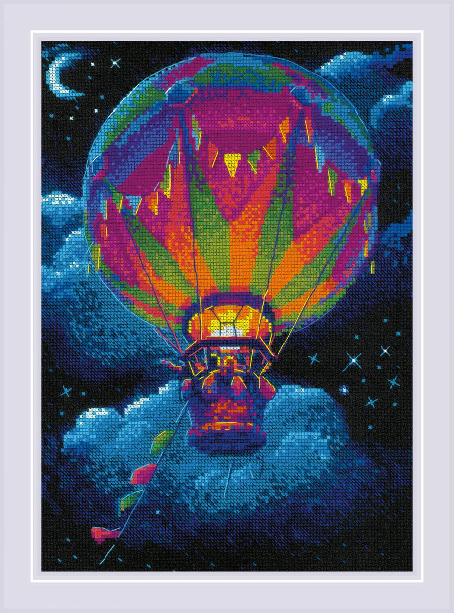 Kit de Punto de Cruz – Hot Air Balloon 2290 | Globo aerostático de colores en el cielo nocturno - Punto y Arte