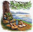 Kit de punto de cruz MP Studia SNV-957 Tourist Stop con mochila, guitarra, manta, libro abierto y paisaje de lago bajo un árbol.