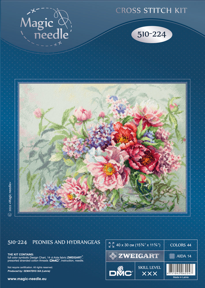 Kit de punto de cruz Magic Needle 510-224 – Peonias y Hortensias