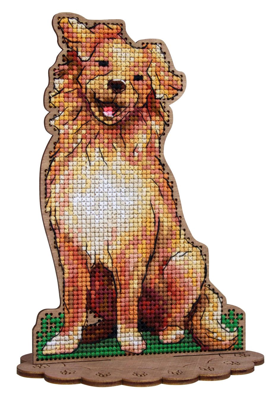 Kit de punto de cruz sobre madera MP Studia SO-168 Retriever con perro retriever sentado y sonriente bordado sobre base de madera perforada con soporte.