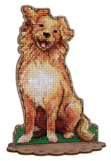Kit de punto de cruz sobre madera MP Studia SO-168 Retriever con perro retriever sentado y sonriente bordado sobre base de madera perforada con soporte.