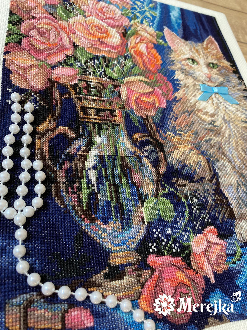 Kit de Punto de Cruz Rosie | Merejka K-236 | 22.5x30 cm | Aida Zweigart Ecru + Hilos DMC