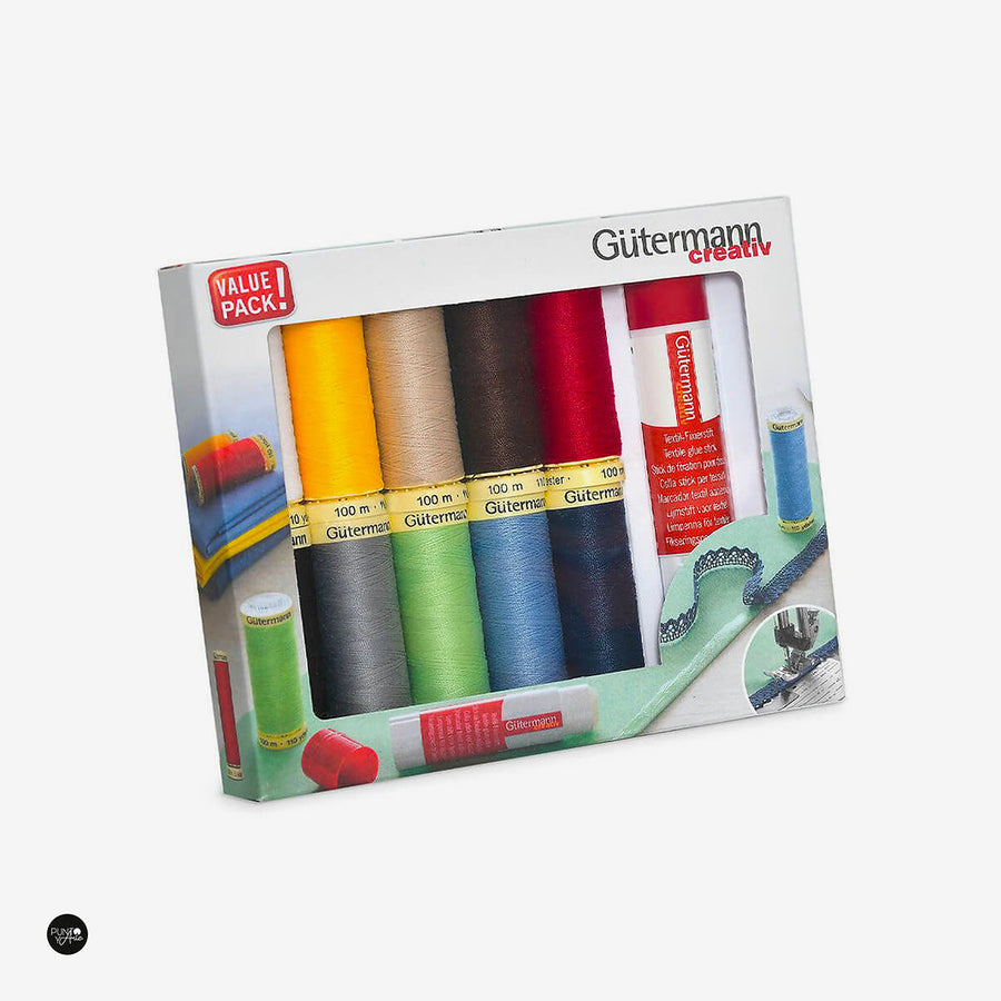 Hilos de coser Sew-All 100m, 10 cat. + Pegamento Textil En Barra - Gütermann