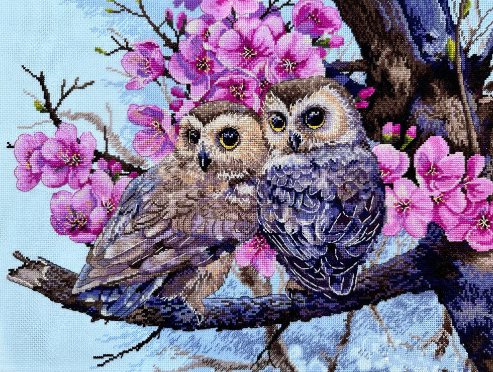 Premium Cross Stitch Kit K-228 Merejka Two Owls in Spring Blossom