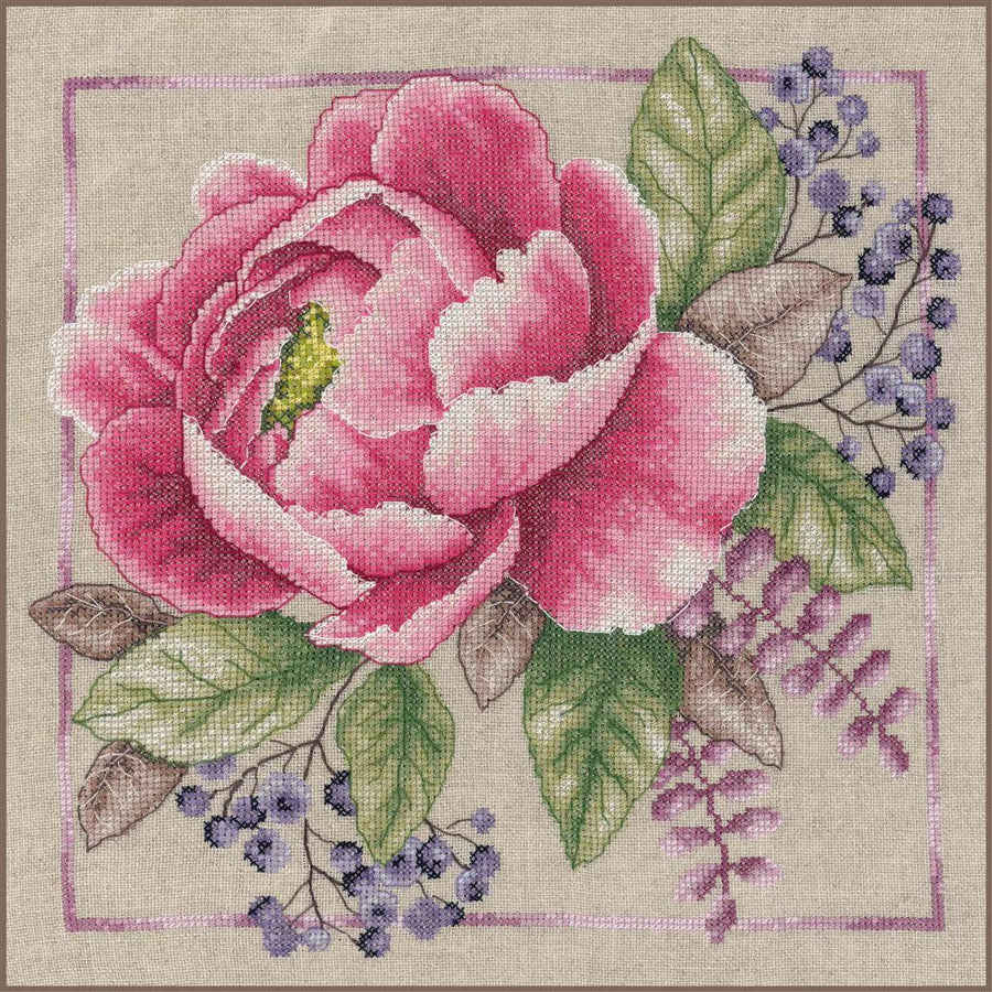 Kreuzstich-Set Rosa Blume (Blooming Rouge) | Lanarte PN-0199792 | 33x33 cm | Leinen 27 ct + DMC-Garn