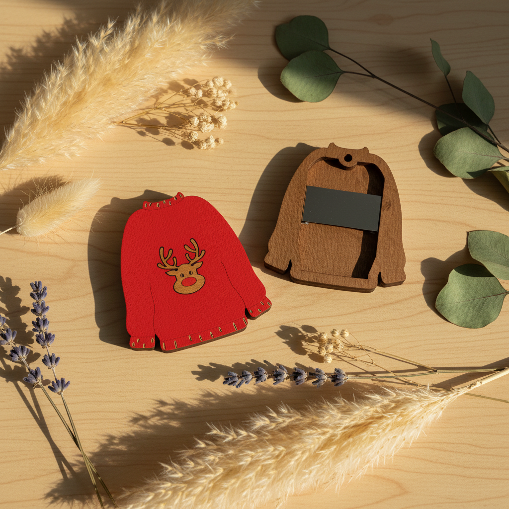 Vista adicional de Imán para agujas Wizardi KF056/81 Suéter Navideño. Estuche para agujas de madera con imán de Wizardi