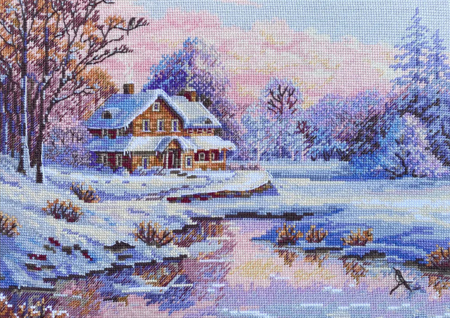 Kit de Punto de Cruz La Primera Nieve (The First Snow) | Merejka K-240 | 20x29 cm | Aida Zweigart Ecru + Hilos DMC