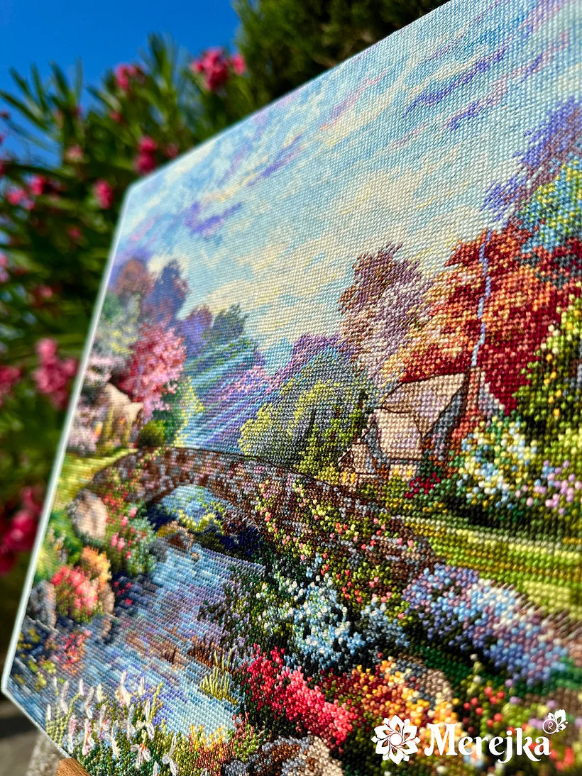 Kreuzstich-Set Frühlingsglanz (Springtime Glory) | Merejka K-233 | 30x38 cm | Aida Zweigart Ice-Blue + DMC-Garn