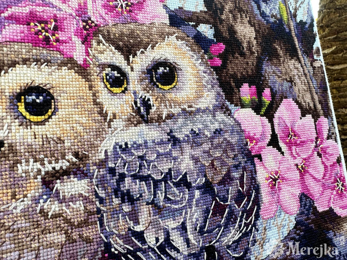 Premium Cross Stitch Kit K-228 Merejka Two Owls in Spring Blossom