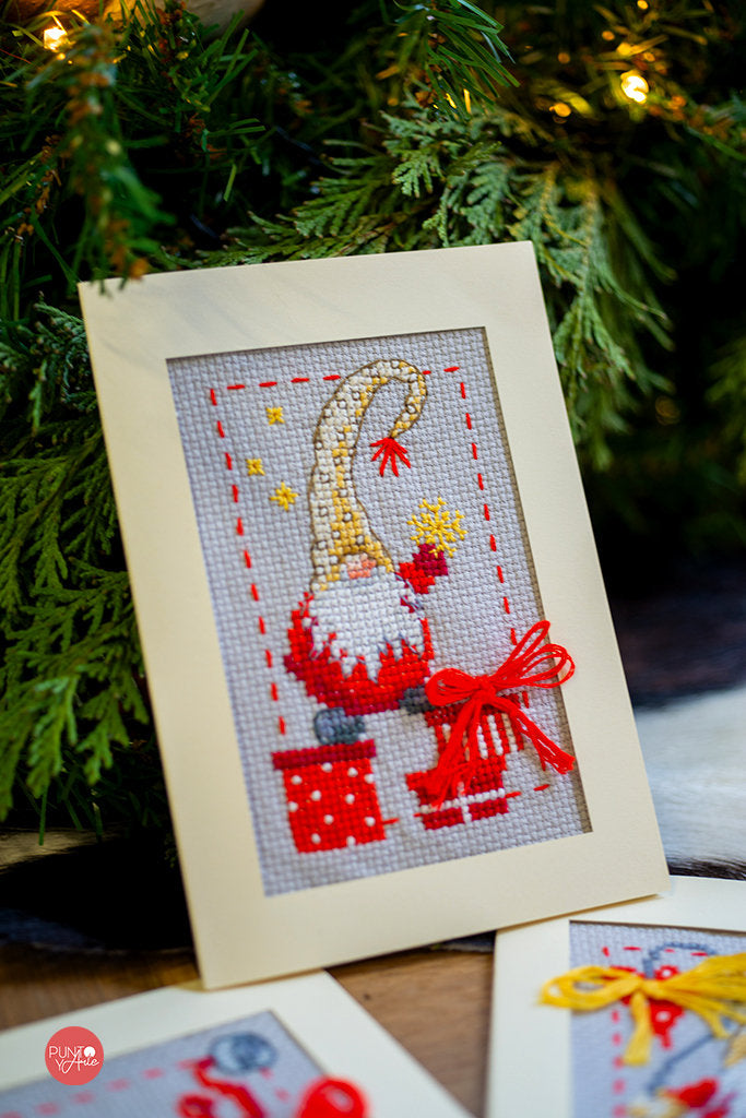 Cartes de vœux : Gnomes de Noël Vervaco - Kit de point de croix