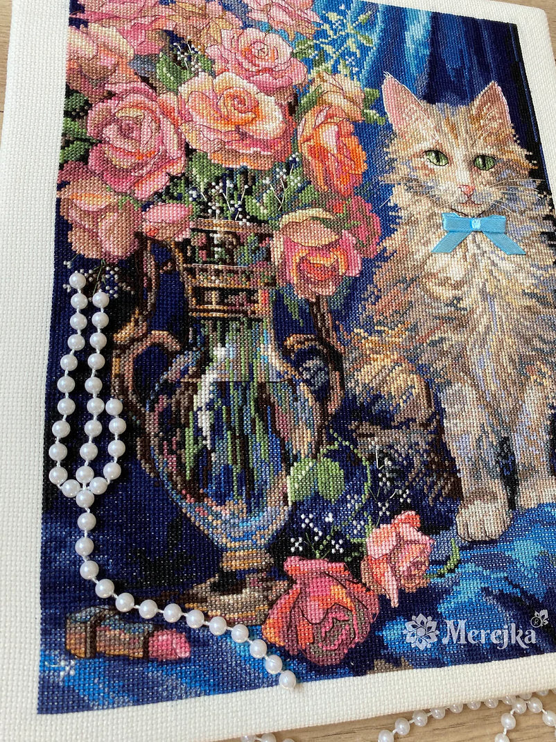Kit de Punto de Cruz Rosie | Merejka K-236 | 22.5x30 cm | Aida Zweigart Ecru + Hilos DMC