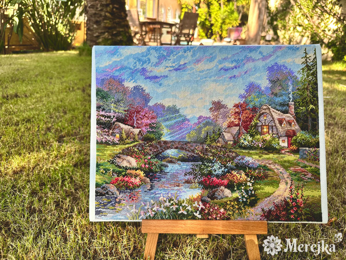 Kreuzstich-Set Frühlingsglanz (Springtime Glory) | Merejka K-233 | 30x38 cm | Aida Zweigart Ice-Blue + DMC-Garn