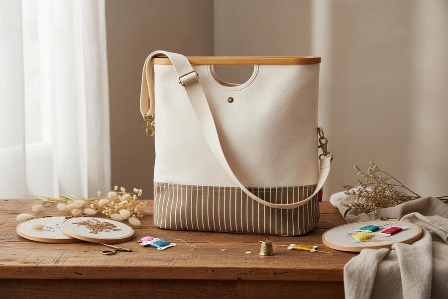 Bolsas de viaje, lona y bambú en color natural Prym 612562 - accesorio Prym para organización de labores