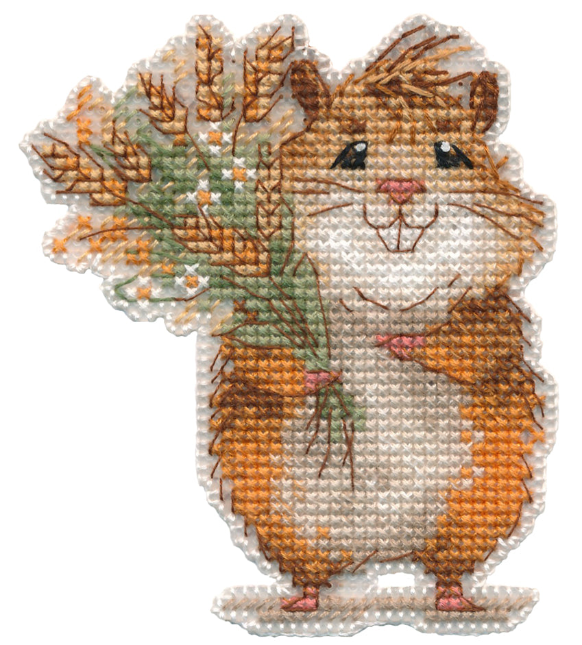 Kit de punto de cruz imán Oven Hámster 1715 sobre canvas plástica blanca de 14 ct con diseño de hámster