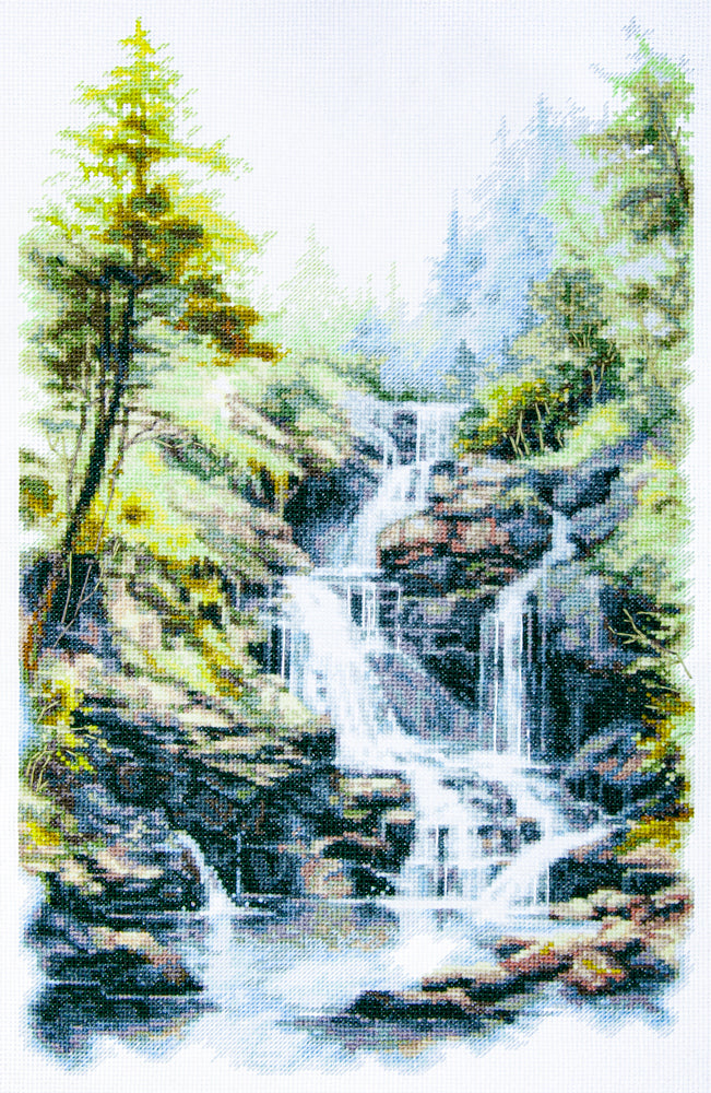 Kit de punto de cruz Magic Needle 70-28 Melody of the Falls con cascada, agua y paisaje natural en Aida Zweigart beige 16 ct.
